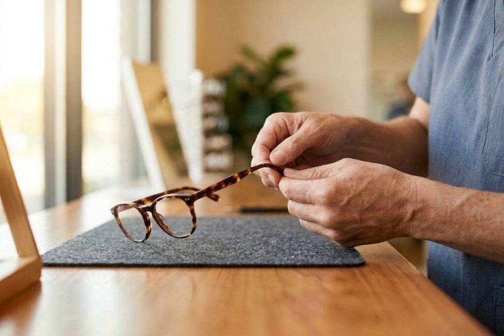 Adult's hands holding tortoiseshell eyeglasses over a felt mat on a wooden counter in an optical shop.