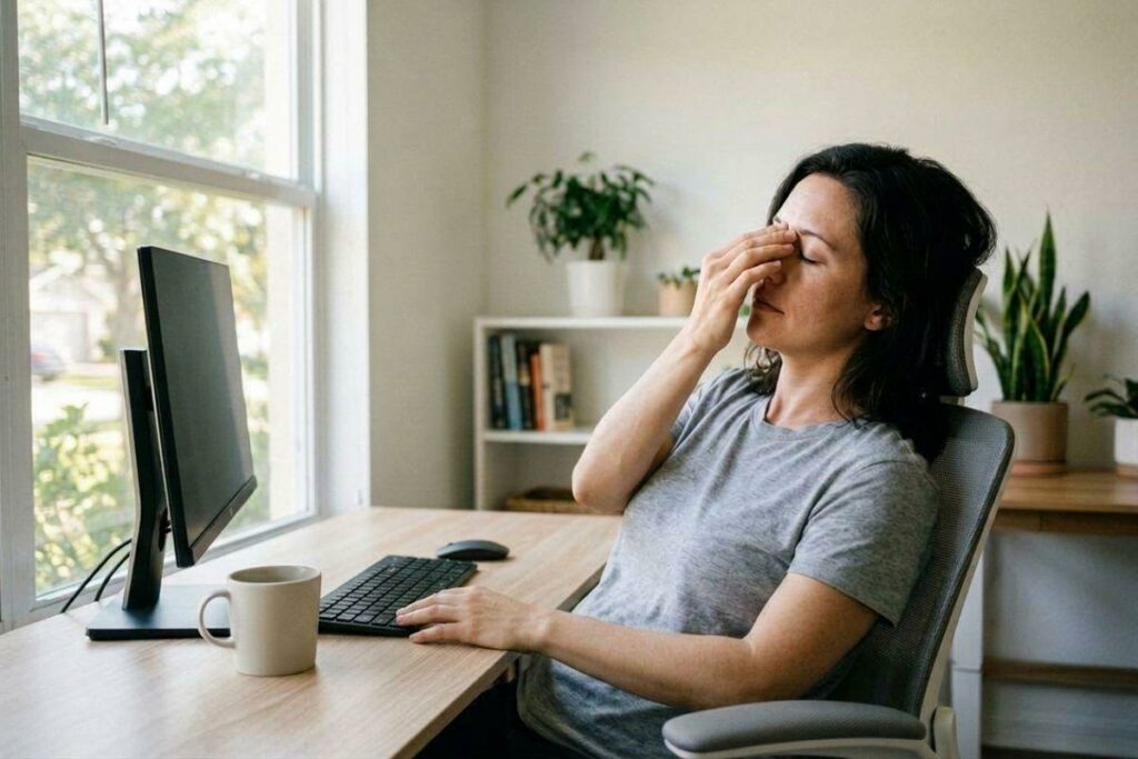 Adult sitting at a home office desk, eyes closed, pinching the bridge of their nose with one hand, a monitor and mug nearby.