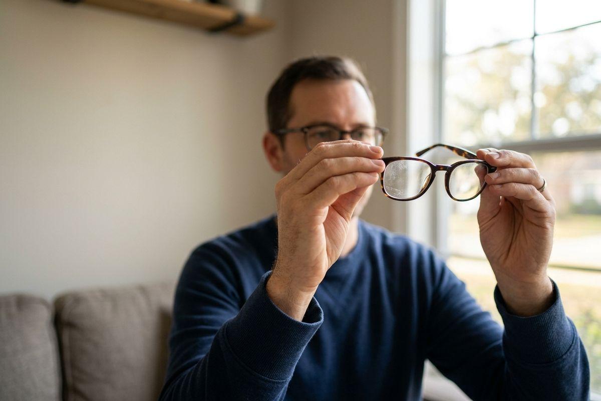 Adult sitting indoors holding tortoiseshell eyeglasses up to examine them, wearing glasses, near a window with natural light.