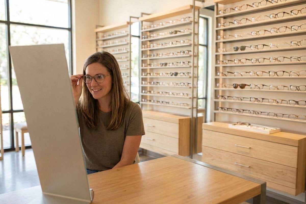 Adult smiling while trying on glasses frames in an optical shop, adjusting them near a mirror, with shelves of eyewear frames in the background.