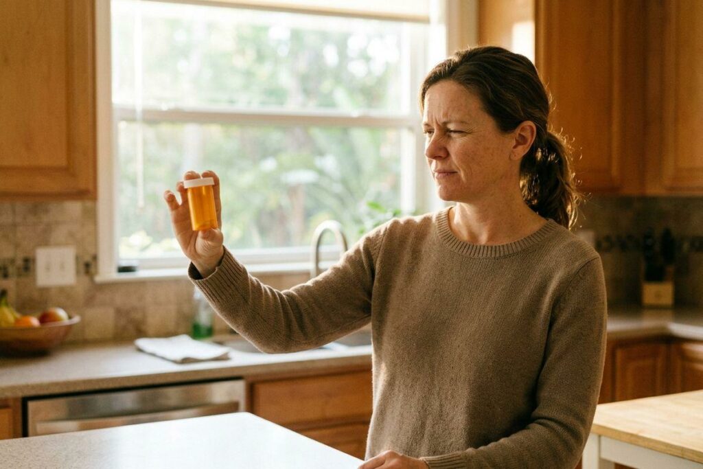 Adult standing in a kitchen, holding up an orange prescription pill bottle and examining it with a concerned expression.