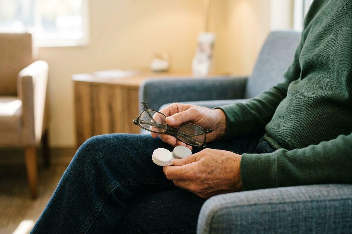 Older adult seated in a waiting room holding eyeglasses and a contact lens case in both hands.