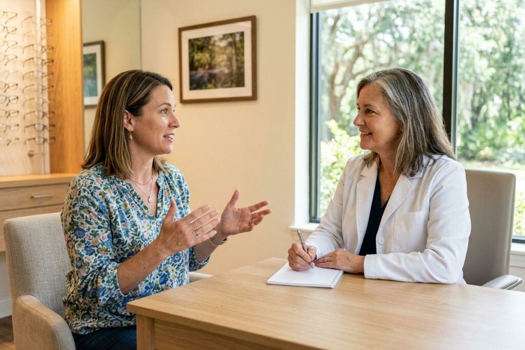 Optometrist smiling and taking notes while a patient speaks and gestures, seated across a table in an optical clinic.