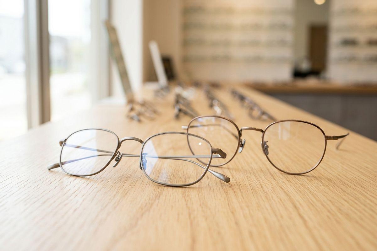 Two metal-framed eyeglasses resting on a wooden display counter in an optical shop, with more frames visible in the background.