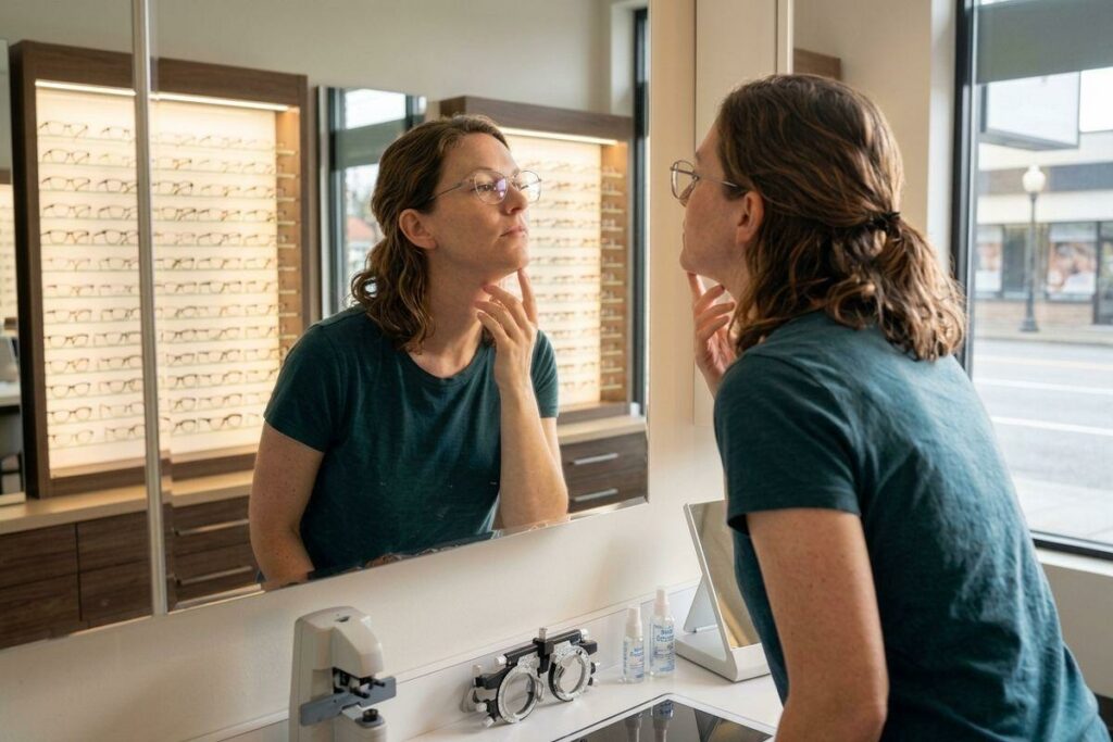 An adult trying on glasses frames in an optical shop, examining their reflection in a mirror, hand raised to chin thoughtfully.