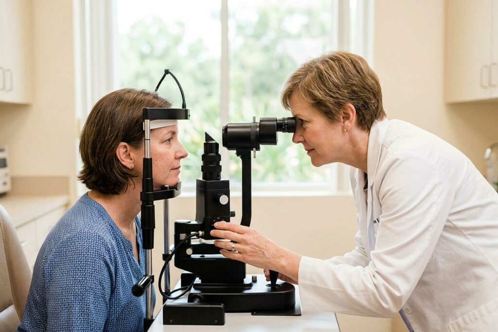 An optometrist examines a patient's eye using a slit lamp in a clinic exam room.