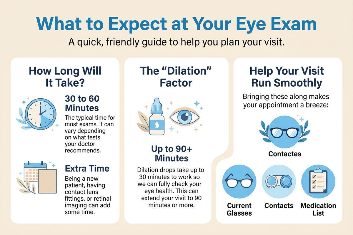 Eye exam guide infographic: exams take 30–60 minutes, up to 90+ with dilation; bring current glasses, contacts, and medication list.