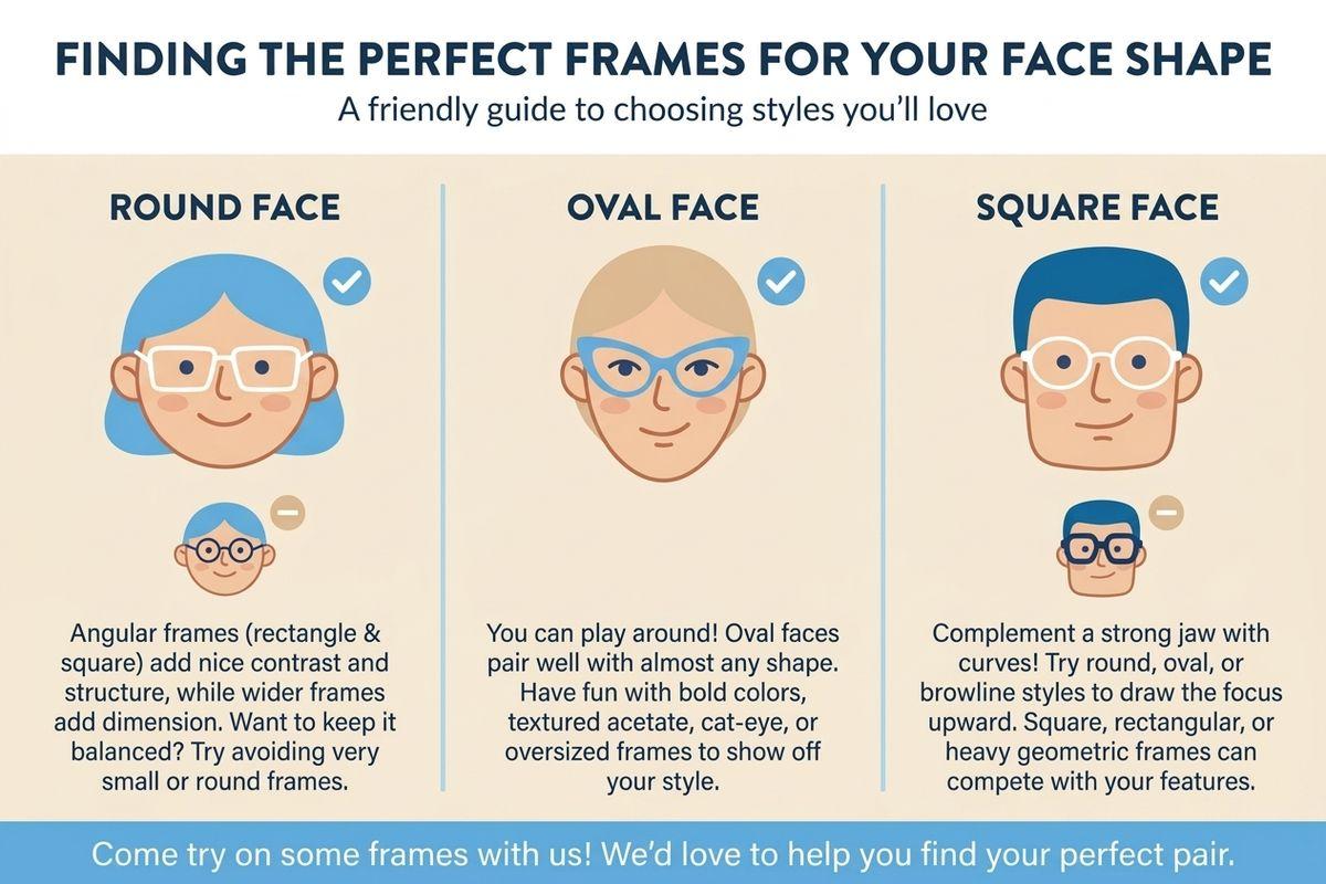 Infographic matching eyeglass frames to face shapes: rectangular for round faces, cat-eye for oval, round for square faces.