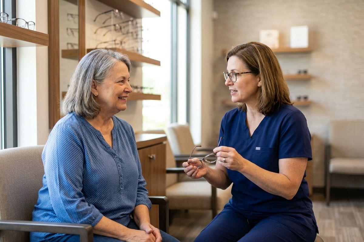 Optometrist holding eyeglasses and speaking with a smiling adult patient seated in an optical clinic with eyeglass frames displayed on shelves behind them.