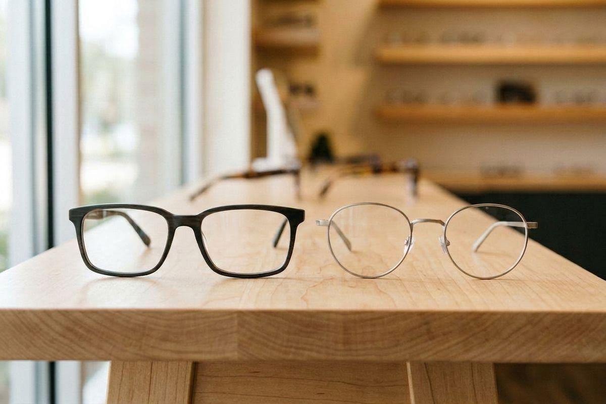 Two eyeglass frames on a wooden counter in an optical shop.